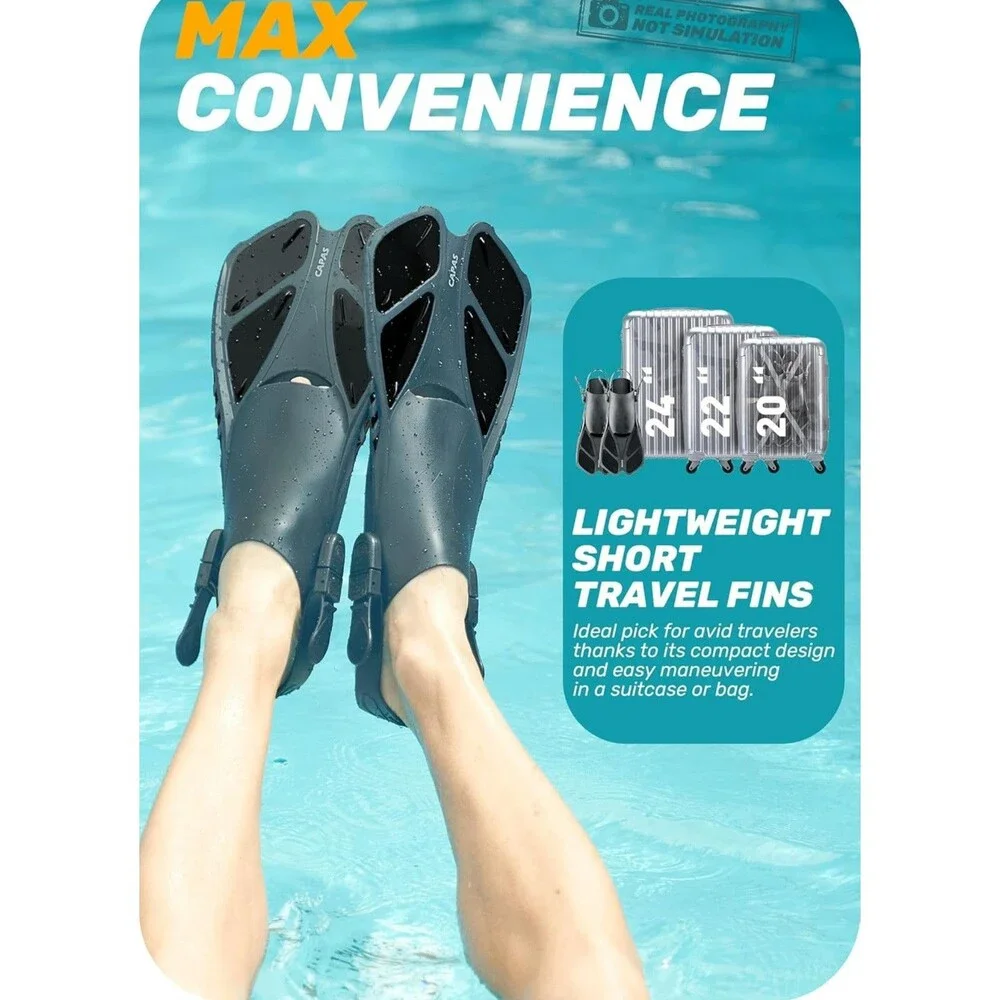 Capas Snorkel Fins Black Adult S/M 4.5-8.5 Swim Diving Flippers Adjustable
